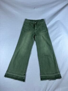 Womens Wide Leg High Rise Denim Pants L Olive Green Raw Hem Relaxed Washed